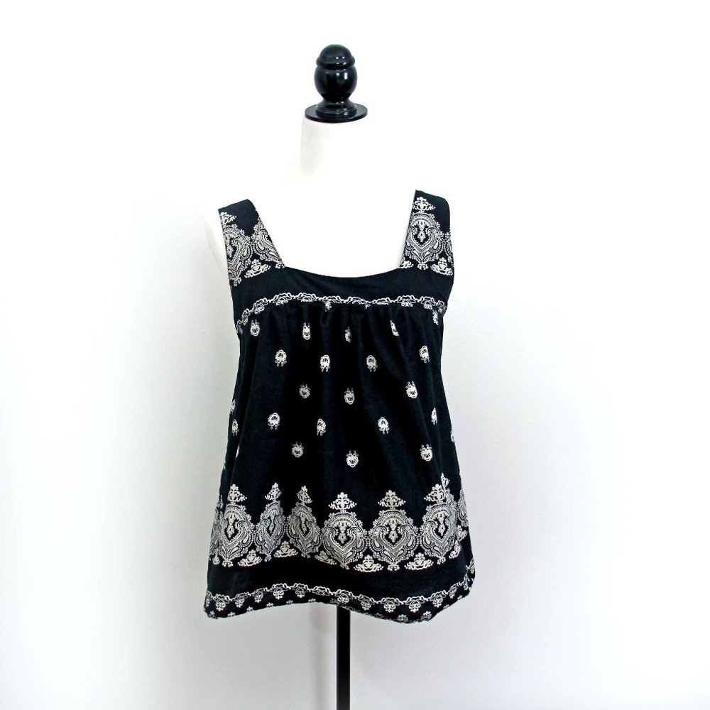 Vintage Sleeveless Top 100% Cotton Loose Fit Black and White Paisley